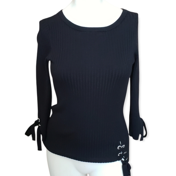 INC International Concepts Sweaters - INC. Black Scoop Neck Ribbed Knit Lace up Embellishment Sweater Medium